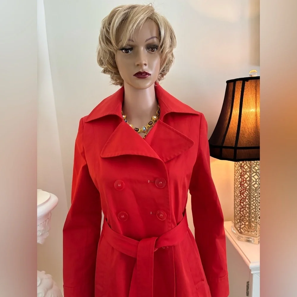 DKNY Red Funnel Neck Belted Trench Coat Pea Coat - Picture 3 of 16